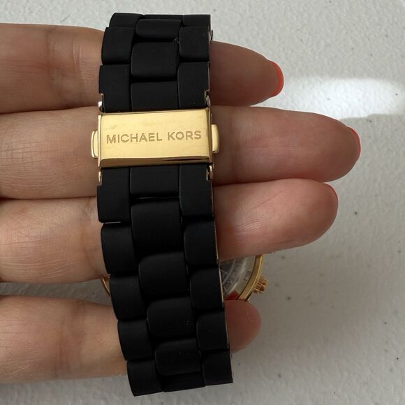 Michael Kors Runway Chronograph Gold Tone Black Silicone Women’s Watch 38mm - Picture 7 of 8